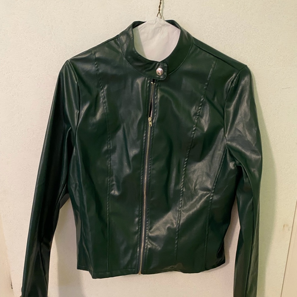Dark green faux leather motorcycle jacket